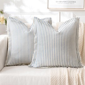 MIULEE Pack of 2 Light Blue Pillow Covers 20x20 Inch Striped Farmhouse Couch Spring Throw Pillow Covers with Fringe Chic Cotton Decorative Cushion Covers for Sofa Living Room Bed Home Decor
