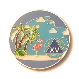 15 Year AA, Alcoholics Anonymous Beach Medallion, Chip, Token, Blue, Palm Tree with Flamingo