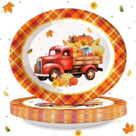 50PCS Pumpkin Truck Fall Oval Paper Plates Thanksgiving Party Decorations Truck Pumpkin Supplies Favor for Autumn Theme Platters Fall Heavy Duty Dish Gathering Dinner Party Tableware Set (Brown)