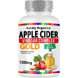 Vinagre de Sidra de Manzana Orgánico | con Pimienta de Cayena, Cúrcuma y Jengibre | Apple Cider Gold Complex | 100% Orgánico, Vegan Keto | cápsulas Veganas | Purely Organics | (1 Unidad de 90 cápsulas).