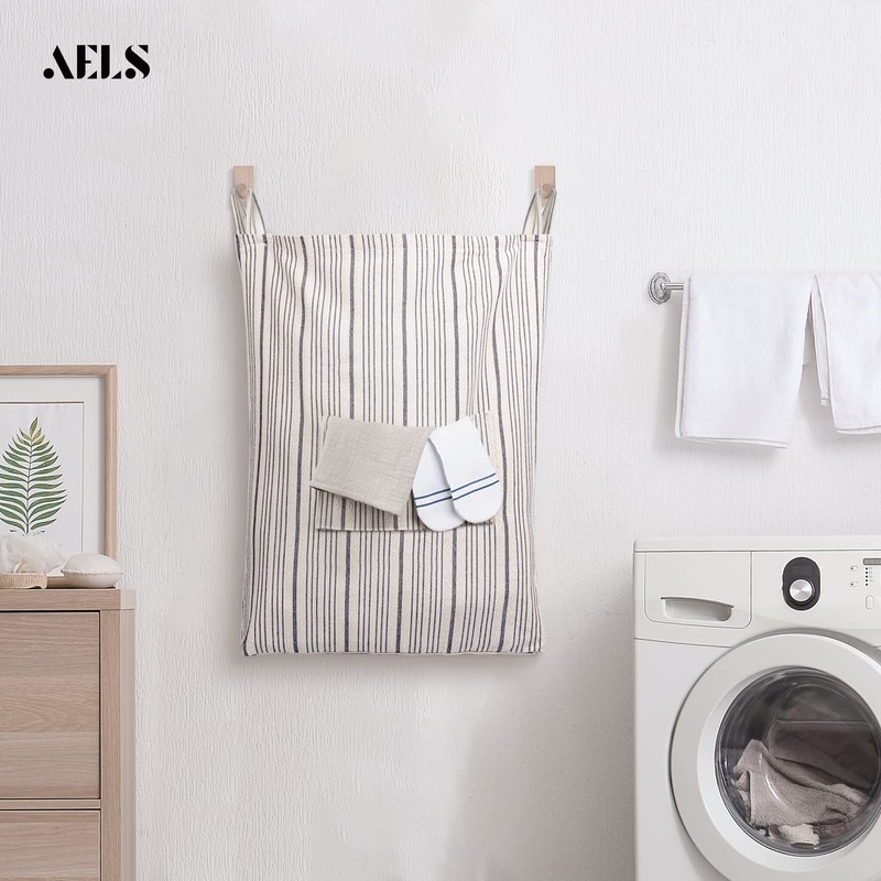 AELS Farmhouse Hanging Laundry Hamper with 2 Hooks, Washable Beige
