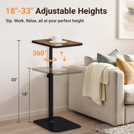 ELYKEN TV Tray Table, C-Shape Couch Desk, 360° Swivel Side Table Height Adjustable, Laptop Stand for Couch Recliner, Small Bedside Tables, Rustic Brown