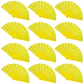 Gionforsy 12pcs Clap Fabric Folding Chinese Tai Chi Fan Set Decorative Folding Hand Fan for Festival Dance Party (Yellow)