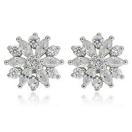 [RIZILIA SNOWFLAKE] Stud Pierced Earrings with Marquise Cut Gemstones CZ [White Topaz] in 18K White Gold Plated, Simple Modern Elegance