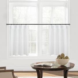 White Pinch Pleat Back Tab Kitchen Curtains Linen Textured Short Linen Curtains for Small Window Bathroom,24x 30 Inches