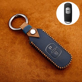 ontto Cowhide Car Key Case Cover for Mazda 2 3 5 6 Axela Atenza CX-5 CX5 CX-7 CX-9 MX5 BT50 RX8 Key Case with Key Fob Key Protection Case for Remote Control 2 Buttons Blue