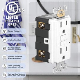 GFCI Outlet 15 Amp,Self-Test,GFI Electrical Outlet with Thinner Design,WR Weather Resistant GFCI Receptacle,Ground Fault Circuit Interrupters,Indoor or Outdoor Use,UL Listed (1, White, 15Amp)