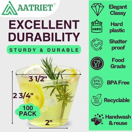 Aatriet 100 Count 9 oz Gold Glitter Plastic Cups, Hard Plastic Wine Glasses Disposable for Cocktail Party & Wedding, 9 ounce Gold Glitter Tumblers Punch Cups Reusable Party Cups