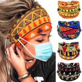 Olbye Wide Buttons Headband Nurse African Head Wraps Face Mask Headbands Elastic Knotted Turban Hairbands Workout Yoga Hair Scarfs Nursing Boho Hair Accessories for Women 4Pcs (Print A, 5.9 * 9.8'')