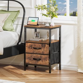 Huuger Nightstand with Charging Station, Fabric Drawers, End Table with Open Shelf, Bedside Table with USB Ports and Outlets, Night Stand for Bedroom, Rustic Brown
