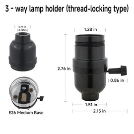 3-Way Lamp Socket Replacement, UL Listed E26 Base with UNO Threads, 3-Level Brightness Control Rotary Switch – Ideal for Table/Floor Lamp Repairs & DIY Lighting Projects, 2-Pack(Black)