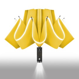 Lejorain Automatic Folding Umbrella Inverted - Upside Down Yellow Windproof Umbrella LED Flashlight Handle With Reflective Strip