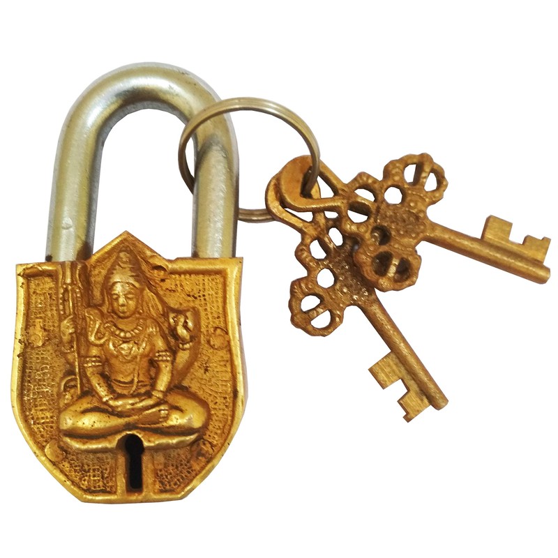 Purpledip Handmade Brass Antique Pad Lock with Mahadev Idol (10011)