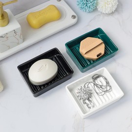 Ceramic Soap Dish for Shower, Classic Modern Style Soap Bar Dish Adds Beauty to Bathroom,Soap Saver Tray for Bathtubs and Bathroom Sinks, Art Deco Bar Soap Dish, Non-Slip Soap Holder (White)