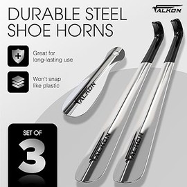 FALKON Shoe Horn Long Handle for Seniors - Includes Two 16.5” Shoehorns & 7.5” Travel Shoe Horn – Durable Stainless Steel (Variety Pack)