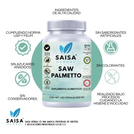 Saw Palmetto 120 Cápsulas Saisa Herbal Salud Prostática Apoyo Urinario Masculino Vitalidad Testosterona Natural 100 Puro