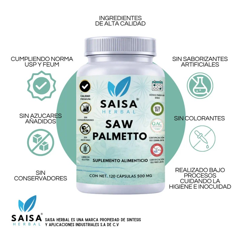Saw Palmetto 120 Cápsulas Saisa Herbal Salud Prostática Apoyo Urinario