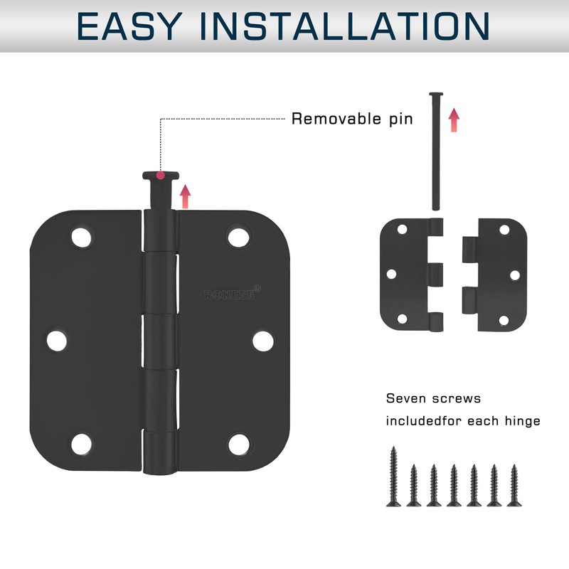 24 Pack Matte Black Door Hinges 3.5 Inch, 5/8" Radius