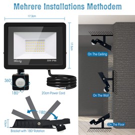 30 W LED Spotlight with Motion Sensor Outdoor, Super Bright 3500 K 3000 LM Warm White LED Floodlight with Motion Sensor, IP66 Waterproof Outdoor Floodlight for Garden, Courtyards, Garage, Hotel
