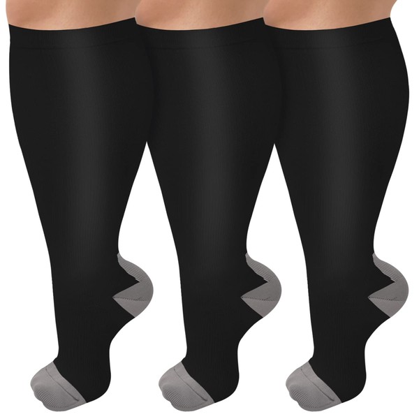 Paquete de 3 calcetines de compresión de pantorrilla ancha para mujeres y hombres, 20-30 mmhg, medias altas hasta la rodilla para apoyo de circulación, color negro y gris, 2XL