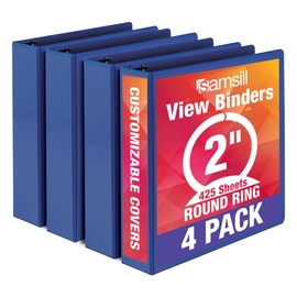 Samsill Economy 3 Ring View Binder, 2 Inch Round Ring – Holds 450 Sheets, PVC-Free / Non-Stick Customizable Cover, Dark Blue, 4 Pack