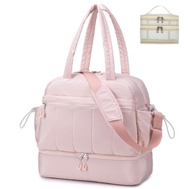 BAGZY Travel Duffel Bag for Women, Lightweight Puffer Gym Bag with Shoe Compartment and Wet Pocket Large for Hospital Weekender Carry on Overnight Bag with Toiletry 32L Pink