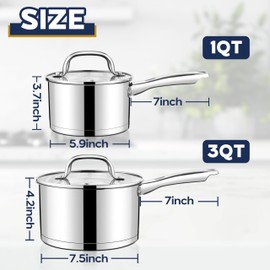 LIANYU Stainless Steel Saucepan Set, 1QT & 3QT Sauce Pan with Lid, Multipurpose Cooking Pot Set, Triply Bottom Milk Sauce Pan for Home Kitchen, All Stove Compatible, Dishwasher Safe