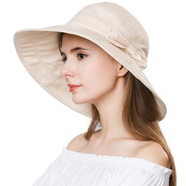 Summer Hat for Women Wide Brim Sun Protection Foldable Beach Safari Hat Cotton UPF Beige Small
