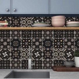 KAIRNE 18pcs Moroccan Tile Decals for Kitchen Decor,Black Tile Decal,15x15cm Stick on Kitchen Sticker,Mosaic Stair Sticker Waterproof,Peel and Stick Backsplash Moroccan Decoration Bathroom Living Room