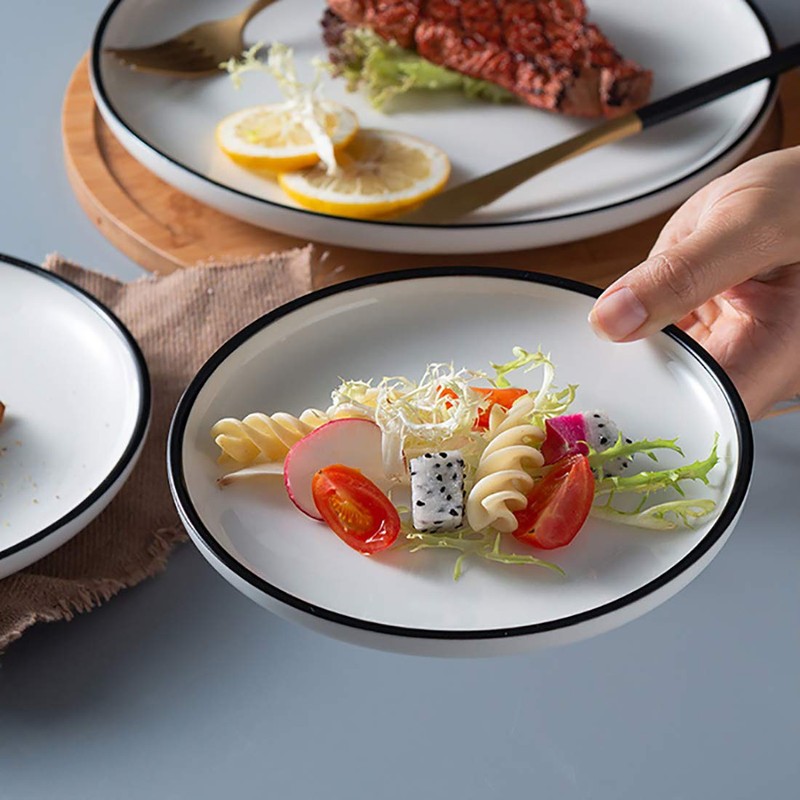 BonNoces 6-inch Small Porcelain Appetizer Plates, White with Black Edges