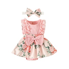 LYSINK Baby Girl Summer Clothes Sleeveless Lace Floral Romper Dress with Headband 0-18M Cute Newborn Outfits (B-Pink, 3-6 Months)