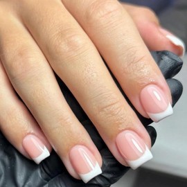 RUPOFUZA French Tip Press on Nails, White French Tip Nails, Soft Gel Pink Short Square Nail Tips False Nails 150pcs -15Sizes Artificial Short Fake Nails Stick on Nails for Women DIY Manicure(A)