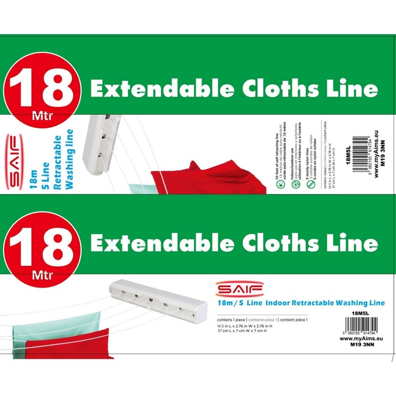 SAIF Retractable 18m 5 Lines Washing Line Laundry Wall Mounted