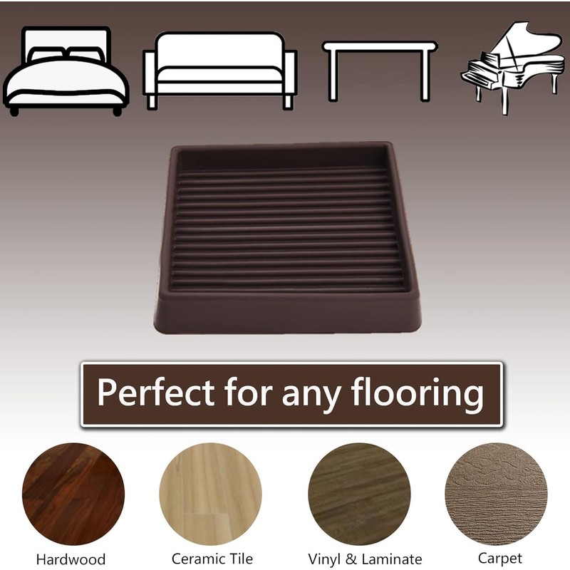2.5x2.5 Square Rubber Furniture Caster Cups, Anti-Sliding Furniture Pads Bed