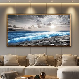 hyidecorart Wood Framed Wall Art For Living Room Large Wall Decor For Office Modern Bedroom Wall Decorations Blue Ocean Wave Wall Paintings Black and White Beach Pictures Artwork Home Decor 20x40