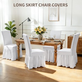 KIDOACOW Long Skirt Dining Chair Covers Set of 4, Stretch Spandex Parsons Chair Slipcover with Skirt Washable Elegant Dining Room Chair Covers for Party/Wedding/Banquet/Kitchen (White, 4 Pcs)