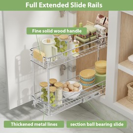 ROOMTEC Pull Out Cabinet Organizer With Wooden Handle 10½" W x 21½" D 2-Tier Cabinet Drawer Pull Out Shelves Under Cabinet Storage for Kitchen