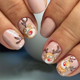 Christmas Press on Nails Short Square Fake Nails Xmas False Nails with Elk Design Winter Acrylic Nails Full Cover Acrylic Artificial Nails Glossy Glue on Nails Stick on Nails for Women Manicure 24Pcs