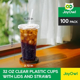 JoyOwl 32 OZ Clear Plastic Cups with Lids and Straws 100 Pack, Disposable To Go Cups with Lids for Iced Coffee, Smoothie and Cold Drinks