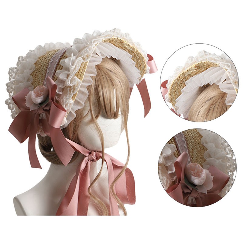 Tea Party Sun Hat Straw Plaited Lace Ribbon Tie Flowers