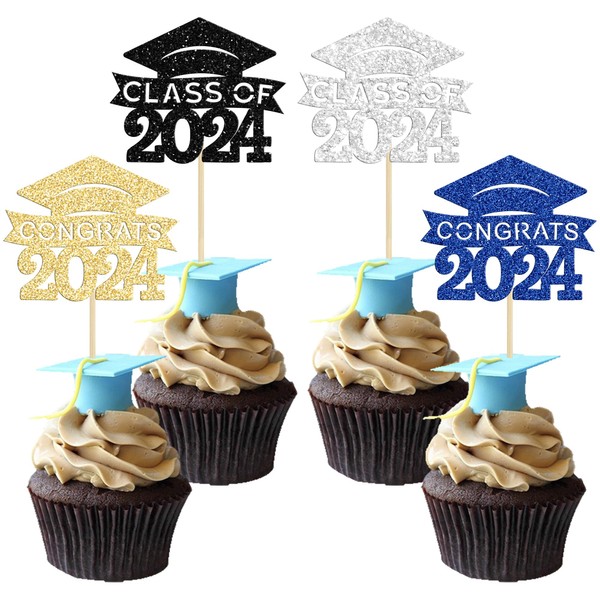 36 adornos de graduación para magdalenas 2024 multicolor con purpurina, clase de 2024, decoraciones para tartas de felicitación, gorra de graduación 2024, púas de comida para cupcakes para