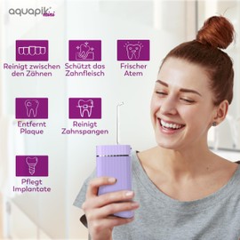 Aquapik Mini-Munddusche, tragbar, 3 Verwendungsmodi, IPX7 wasserdicht, 4 Düsen, wiederaufladbar und kompakt, ideal für Reisen, von Zahnärzten für die ganze Familie empfohlen