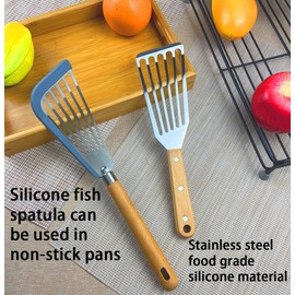 KLAQQED Fish Spatula Set for Nonstick Cookware Flexible Metal Fish Spatula Stainless Steel Small Fish Slotted Spatula Turner with Wood Handle