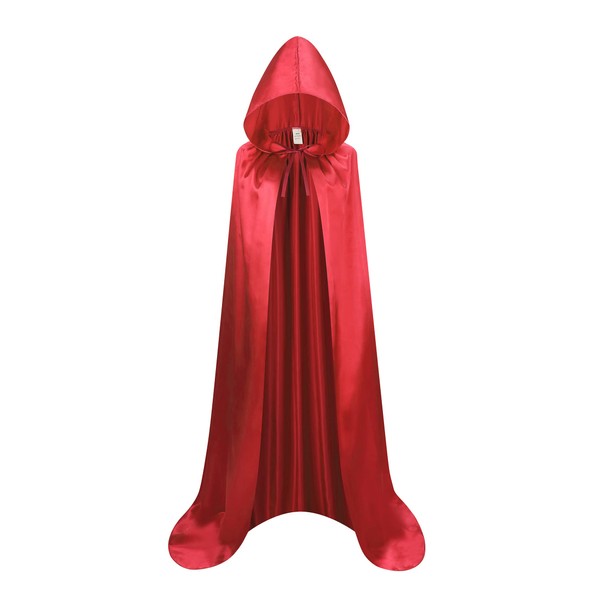maxToonrain Long Satin Cape with Hood for Adult, Halloween Christmas Unisex Fancy Hooded Cloak (110cm, Red)