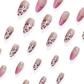Pink French Tip Press on Nails Leopard Print Design Fake Nails Medium Almond Shaped False Nails Press on Cute Glossy Acrylic Nails 3D Rhinestones Stick on Nails for Women Girls 24Pcs