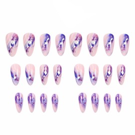 BABALAL Medium Press on Nails Almond Fake Nails, Purple Ombre Design, Stiletto Acrylic Nails with Glue 24Pcs Glossy Manicure Nails Supplies Diy False Nails for Women and Girls