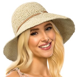 Women's Foldable Straw Sun Hat Wide Brim UPF 50+ Crochet Summer Floppy Beach Hat, Beige, One Size