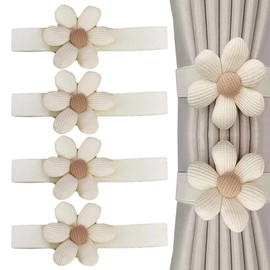 KASESSS Pack of 4 Curtains Cord, Flower Curtain Tiebacks, Creative Tiebacks for Curtains, Cute Curtain Holders, Elastic Curtain Holders, Curtains Tiebacks for Decoration, Home, Cafe, Office, Beige