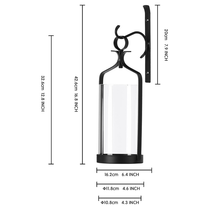 Souliron Hanging Hurricane Glass Wall Sconce Candle Holder Black Metal