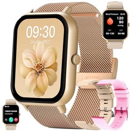 Reloj Inteligente Mujer Hombre con Llamada y Whatsapp, 1,83" HD IP68 Impermeable Smartwatch, Reloj Deportivo con Monitor Sueño Oxígeno Sanguíneo, Oxígeno, GPS, Pulsómetro, para Android iOS (Dorado)